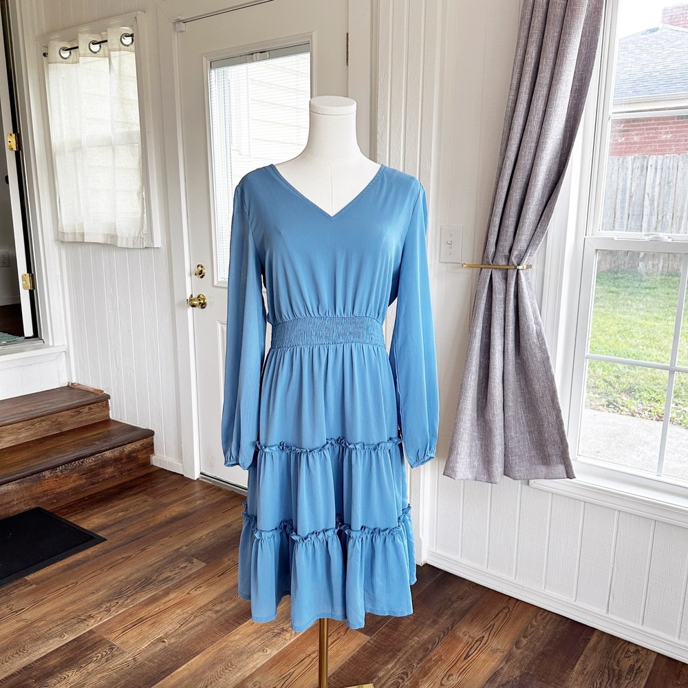 Zattcas Womens Tiered Midi Dress Sz M Blue Cottagecore Romantic Peasant Feminine
